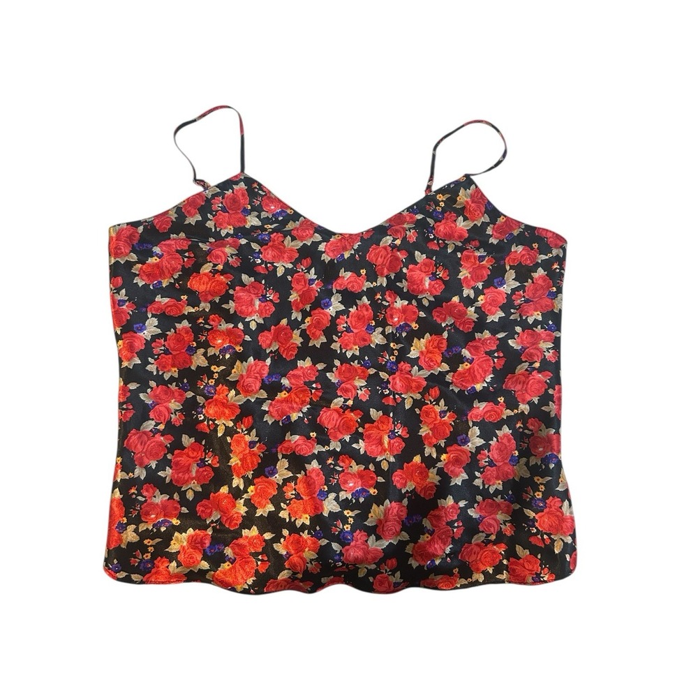 Black Floral Satin Cami Red Rose Print Y2K‎ Romantic Tank S/M Adjustable Straps